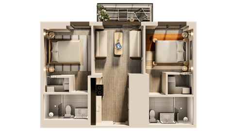 Floor plan for 2 beds, 2 baths, 712 sqft
